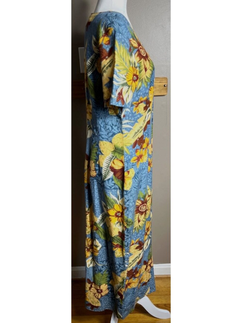 Vtg 80s Dress Linen Blue Tropical Floral Midi Button Artsy Boho Festival Women 6 - Picture 10 of 11